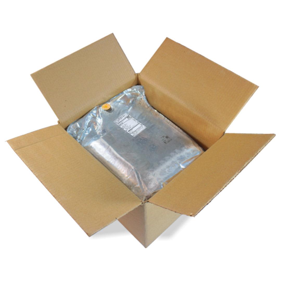 Open cardboard box with a silver insulated bag inside on a white background