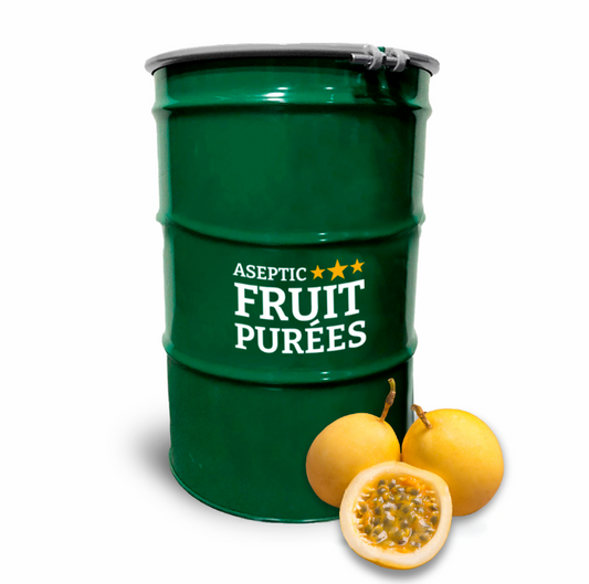 Green drum labeled 'Aseptic Fruit Purees' with two passion fruits on a white background