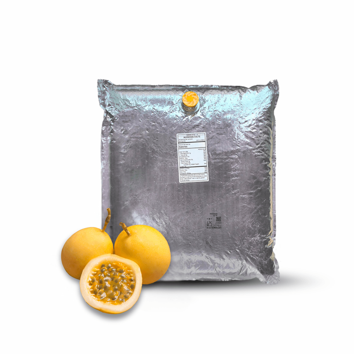 Passion fruit with a large silver packaging bag on a white background