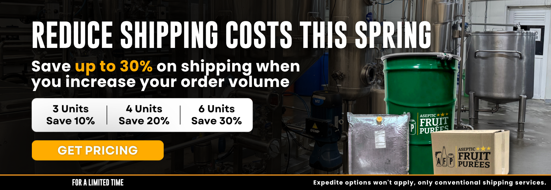Promotional banner for reducing shipping costs with a warehouse background